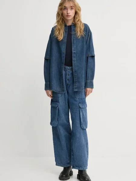 Hlače G-Star Raw ravni kroj visoki struk plava