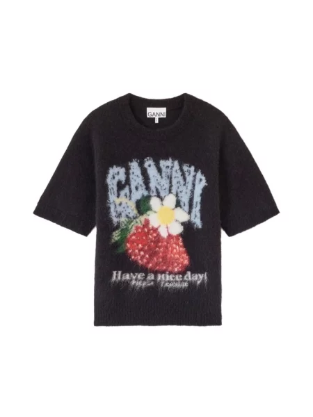 Sweter Ganni wełniany z krótkim rękawem czarny