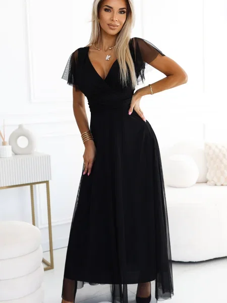 Rochie maxi Numoco cu mâneci scurte scurtă de costum negru