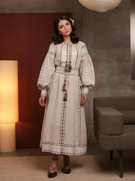 Лляна Вишита сукня Golden Trinity світло-коричневий коричнева