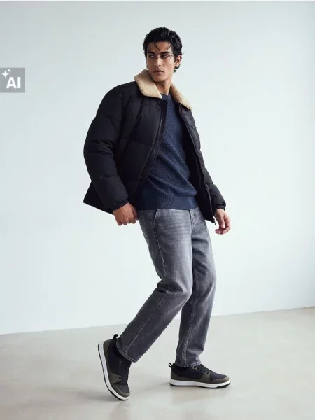Sinsay Puffer bunda s kožíškovým límcem černá