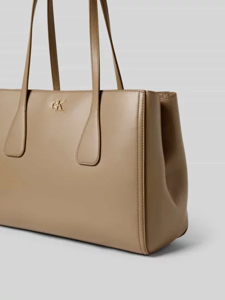 Torba tote z detalem z logo Ck Calvin Klein beżowa