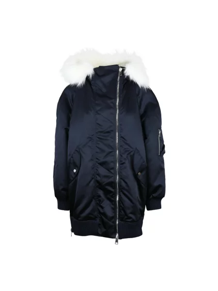 Lniana parka Dondup z kapturem niebieska