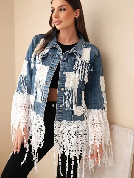 Kurtka jeansowa Kesi Włoski z frędzli koronkowa biała