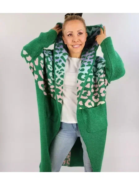 Cardigan Pri de lână cu model leopard lung albastru