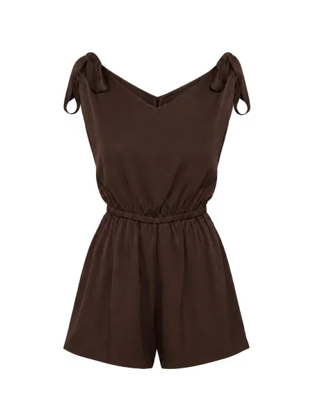 REGINA FASHION Overal Tie-Shoulder V-Neck Playsuit Mate tmavě hnědá