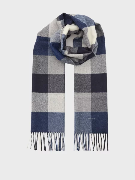 Шерстяной клетчатый шарф Gant синий