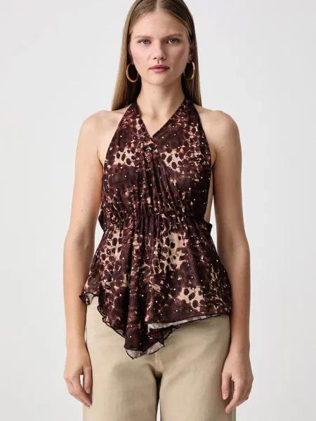 Juicy Couture bluză halter pentru femei ABSTRACT ANIMAL MESH HALTER TOP maro