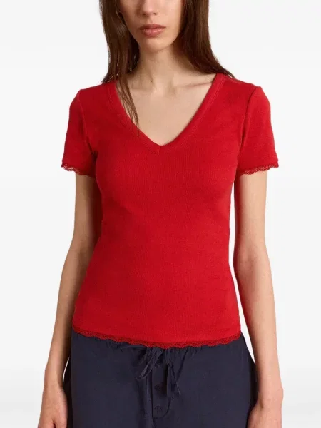 Tricou Damson Madder cu decolteu în V din dantelă roșu