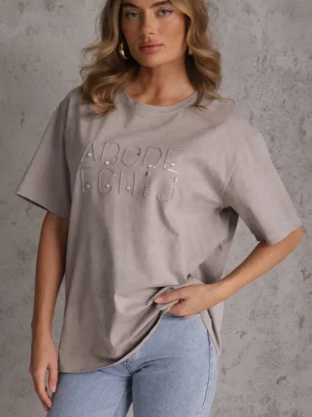 T-shirt Oversize z Haftowanym Napisem z Cekinami Talomora szary