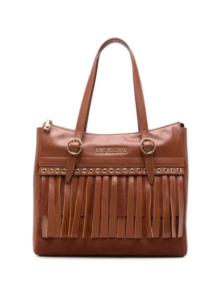 Geantă shopper Love Moschino cu franjuri cu motiv cu inimi maro
