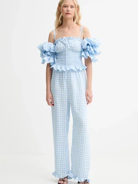 The Sleeper spodnie lniane proste high waist niebieski