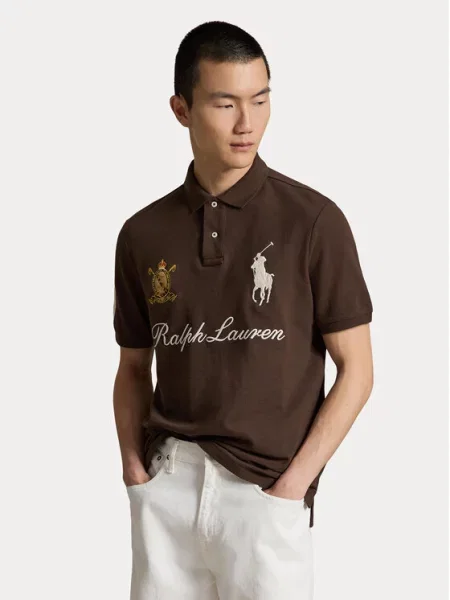 Koszulka polo o kroju regular fit z czystej bawełny z naszywkami i haftami Polo Ralph Lauren brązowa