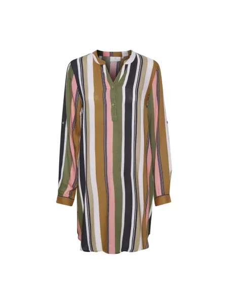 Lniana wielobarwność sukienka koszulowa Kaffe w paski różowa