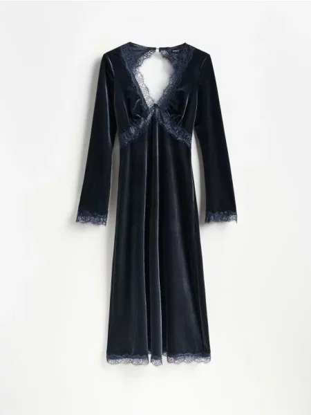 Reserved Welurowa sukienka maxi granatowy