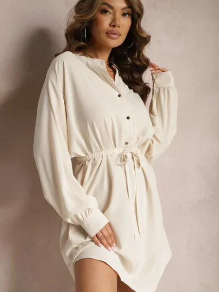 Rochie Cămașă cu Curelă în Talie și Cloș Dalmiena bej