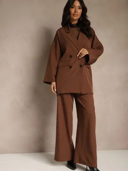 Komplet Garniturowy Oversize Marynarka Dwurzędowa i Spodnie Wide Leg Tevilna brązowy