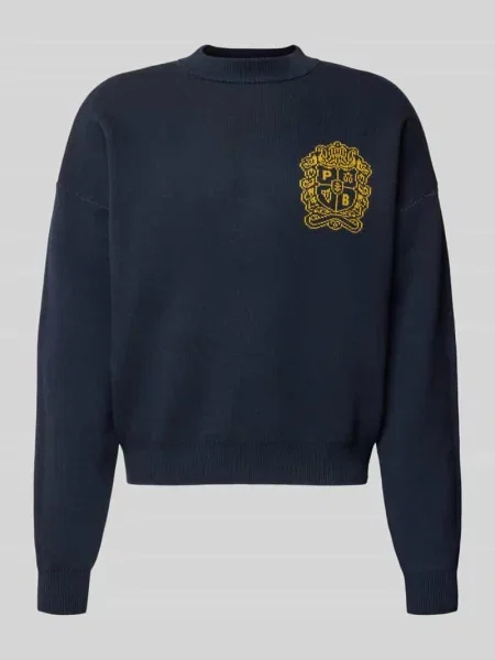 Sweter z dzianiny z emblematem i okrągłym dekoltem Prohibited granatowy