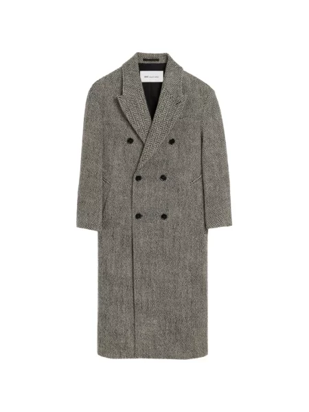 Lung palton Ami Paris de lână cu model herringbone gri
