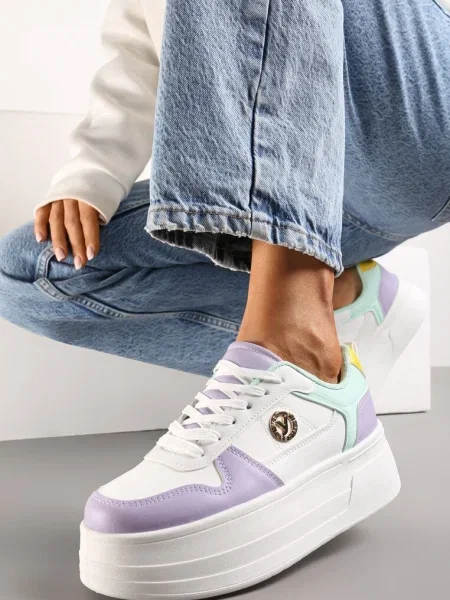 Wielokolorowe Sneakersy na Grubej Podeszwie Sznurowane z Metaliczną Aplikacją Ailtria