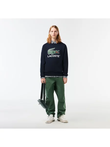Lacoste Bluza Classic Fit Z Okrągłym Dekoltem I Nadrukiem granatowy