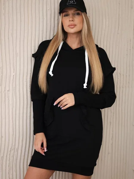 Bluza z kapturem Kesi z kapturem z falbankami garniturowa czarna