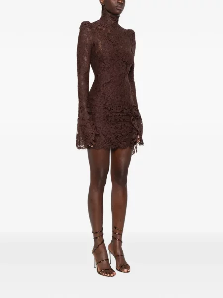 Rochie mini De La Vali cu model floral din dantelă maro