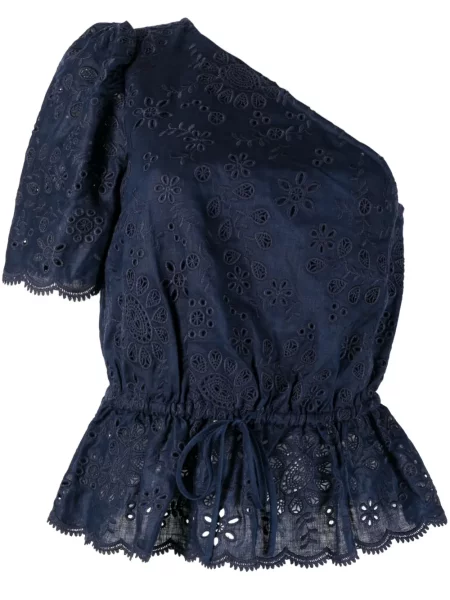 Plisirana satenska polo majica Polo Ralph Lauren s vezom plava