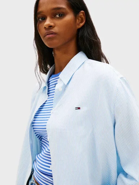 Льняная джинсовая рубашка Tommy Jeans в полоску голубая