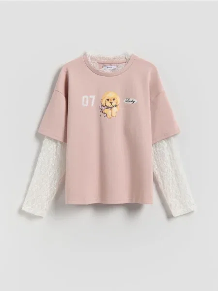 Reserved Koszulka z koronkowymi rękawami różowy