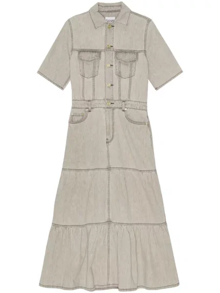 Warstwowa maksi sukienka jeansowa Ganni garniturowa szara