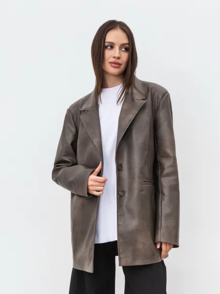 Кожаный пиджак ромашка серый
