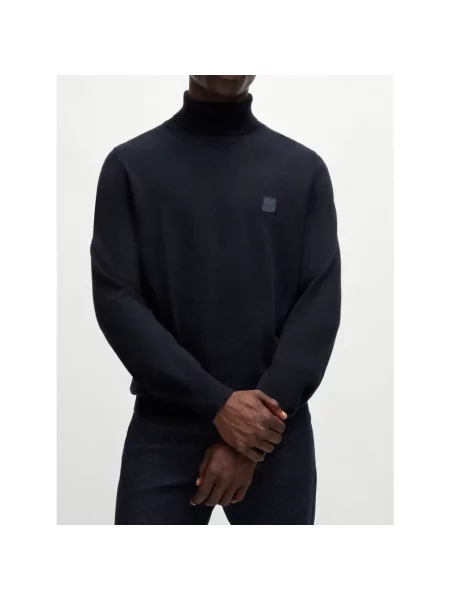 Sweter z golfem z naszywką z logo z kaszmiru Boss granatowy
