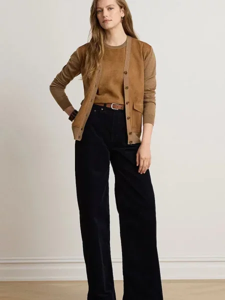 Lauren Ralph Lauren spodnie wide leg z kaszmirem granatowe