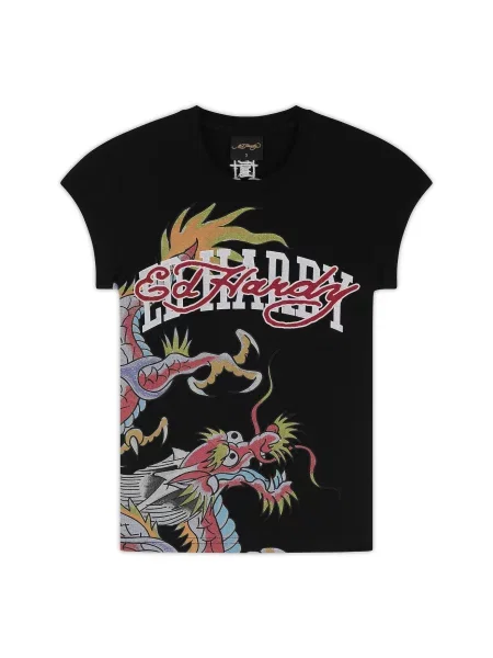 Ed Hardy Tricou Varsity Dragon gri / verde kiwi / roz zmeură negru