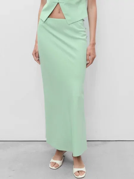Спідниця максі MANGO світло-зелений льон/віскоза зелена