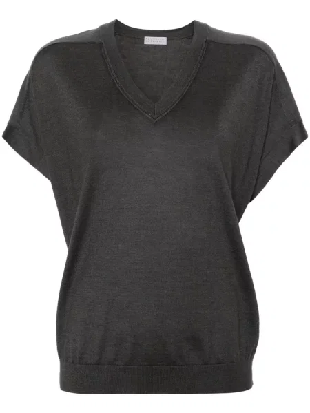 Tricou Brunello Cucinelli tricotate cu decolteu rotund gri