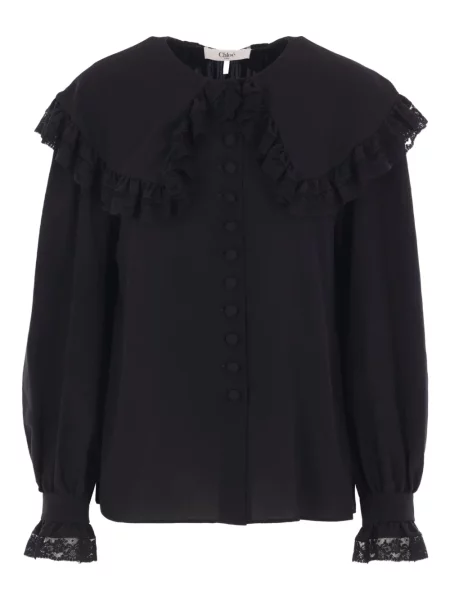 Top Chloé cu volane din dantelă negru