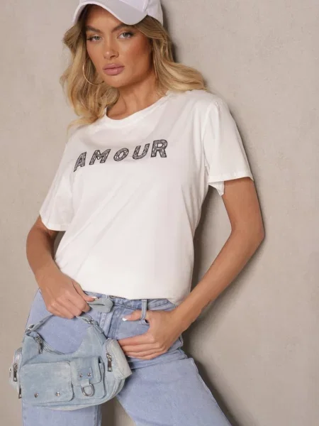 T-shirt z Napisem z Cekinami Marivinna biały