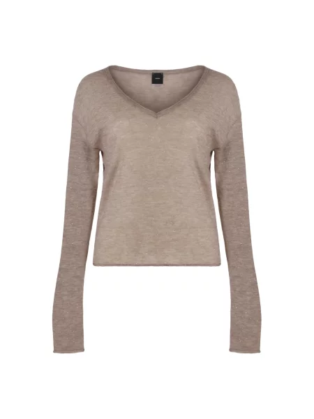 Sweter Pinko z cekinami wełniany z długim rękawem beżowy