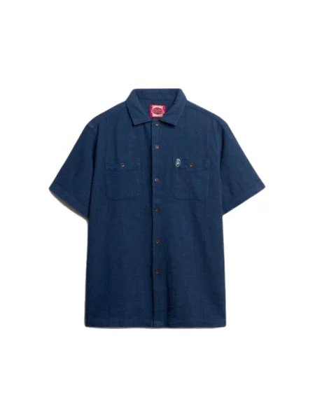 Superdry Koszula krótki rękaw The Merchant Store o fakturze – CLASSIC NAVY niebieska