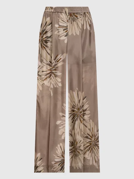 Штани кольору хакі із шовку в квітковий принт Brunello Cucinelli