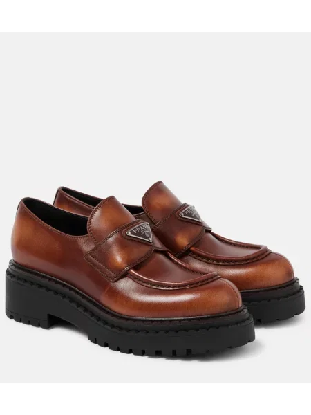 Usnjene loaferke Prada s platformo z avtogramom rjava