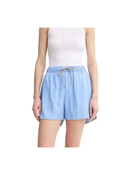 MUNTHE szorty z domieszką lnu UPPI wzorzyste high waist niebieski