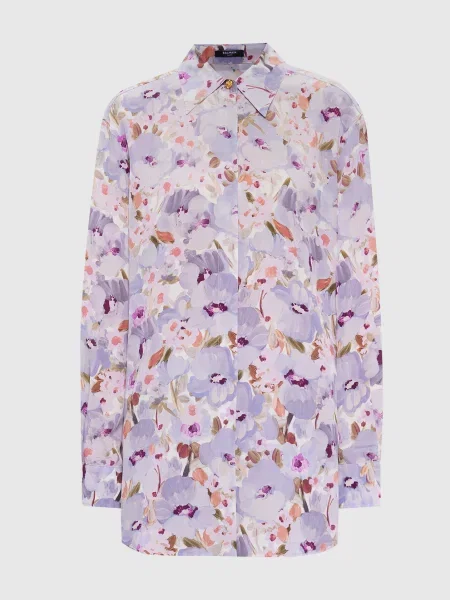 Блуза із шовку в квітковий принт Balmain фіолетова