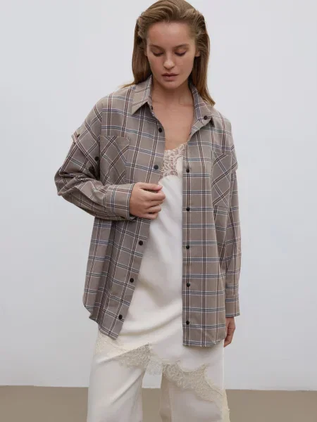 Сорочка в клітинку Estro віскоза/поліестер бежевий