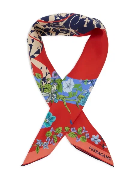 Fular Ferragamo cu model floral cu imagine roșu