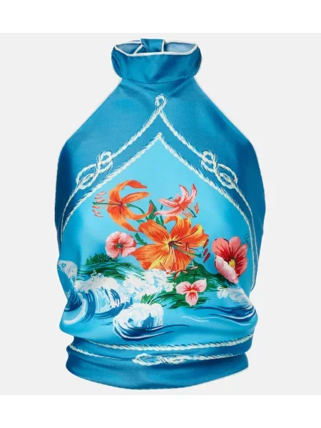 Top Gucci de mătase cu imagine cu gât halter albastru