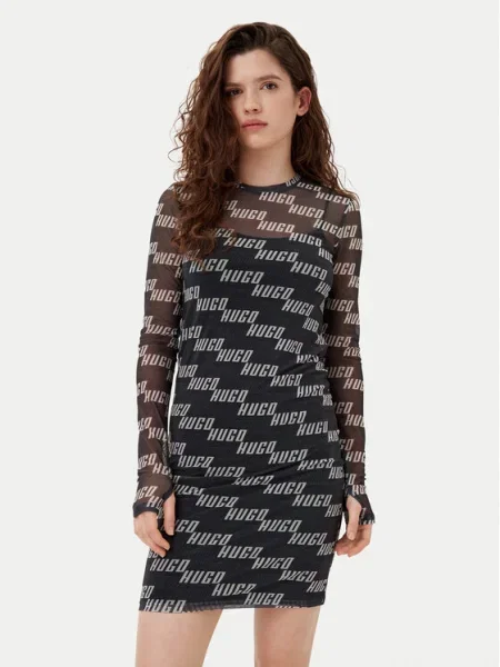 Рокля HUGO зелено къса с кройка по тялото черно