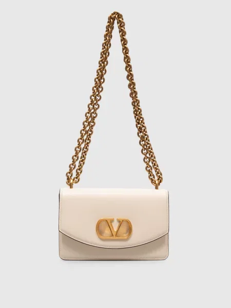 Шкіряна сумка-месенджер з металевою емблемою VLogo Signature Valentino бежева